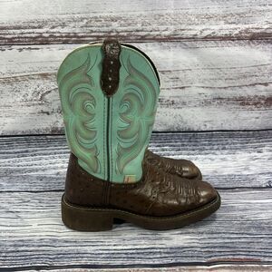Justin Gypsy L9987 Ostrich Leather Brown Turquoise Square Toe Western Boots, 6.5